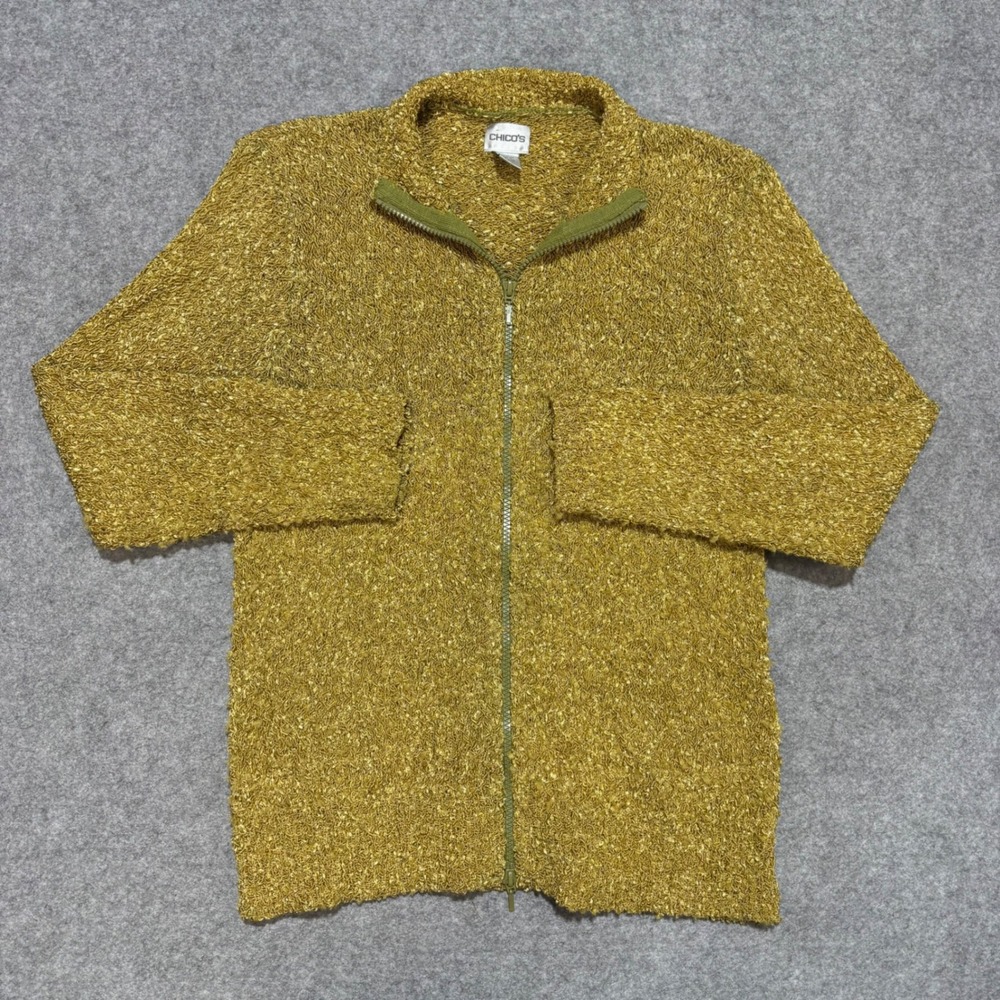 Chicos Popcorn Knit Full Zip Sweater Jacket Mustard Yellow Size 1 Medium